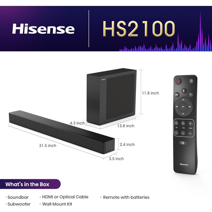 Hisense 2.1 CH 240W Soundbar HS2100 with Subwoofer HDMI ARC , Bluetooth view 3