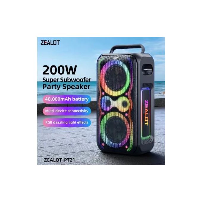 Zealot PT21 Super Bass Party Speaker – 200W Power, 48000mAh Battery, RGB LED Lights, Portable Outdoor Bluetooth Speaker - Black view 2