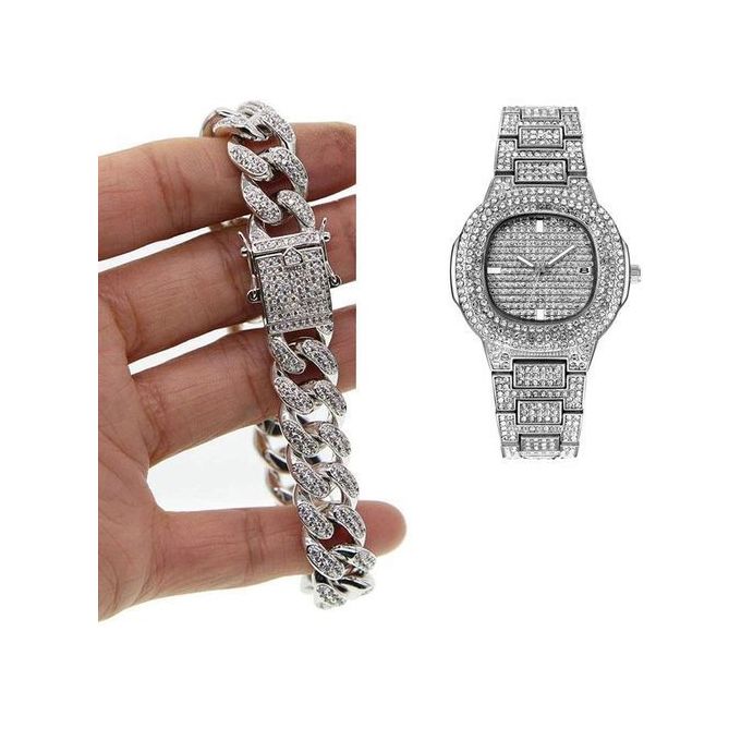 Silver Mens8" Iced Out Cuban Bracelet & Hip Hop 9" Wristwatch - MEN