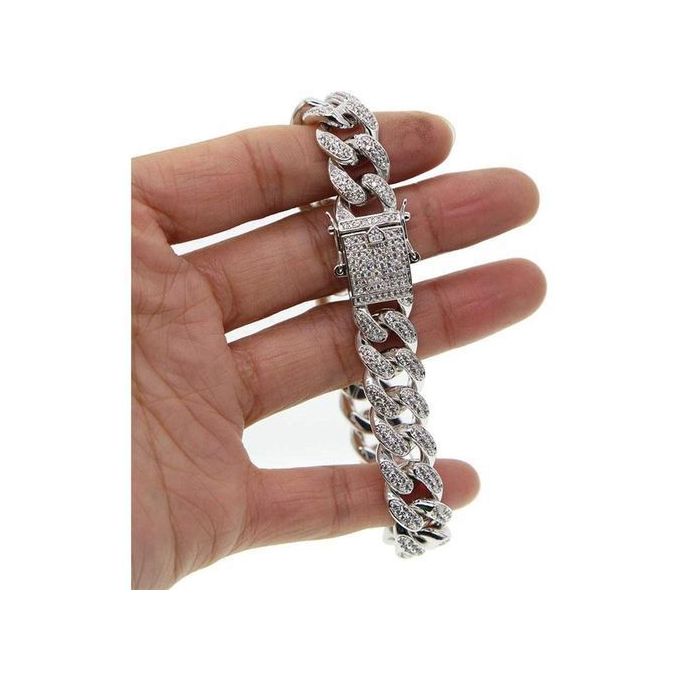 Silver Mens8" Iced Out Cuban Bracelet & Hip Hop 9" Wristwatch view 3