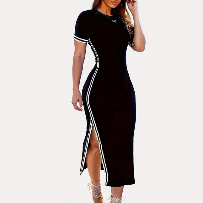 Women's Short Sleeved Slit Dress Casual Round Neck Long Skirt - Black view 2