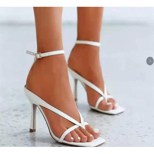 Elegant Strappy Square-Toe Stiletto Heels – White - ELEGANT