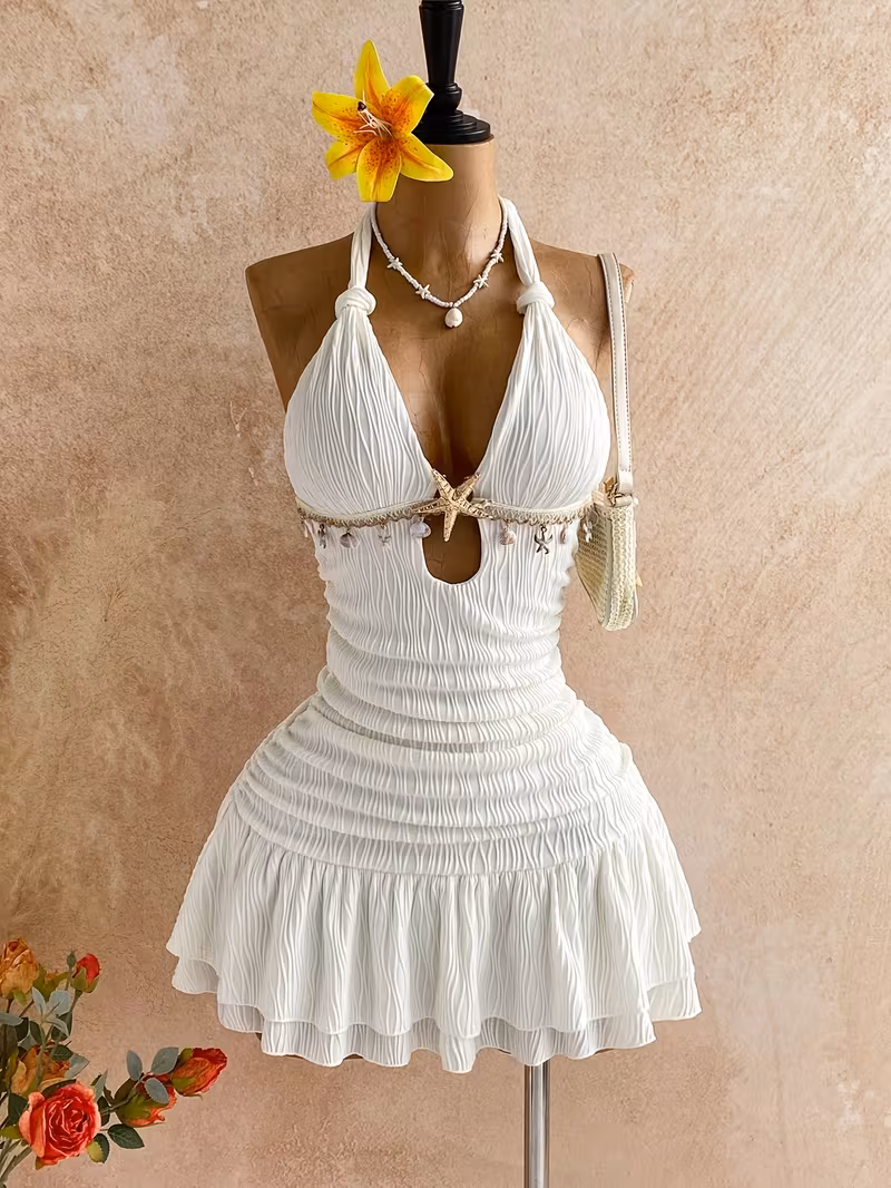 Mini Dress, Metallic Additions, Shell Decorations, Beach Vacation, Summer Outfit, Women'S Dress - Mini