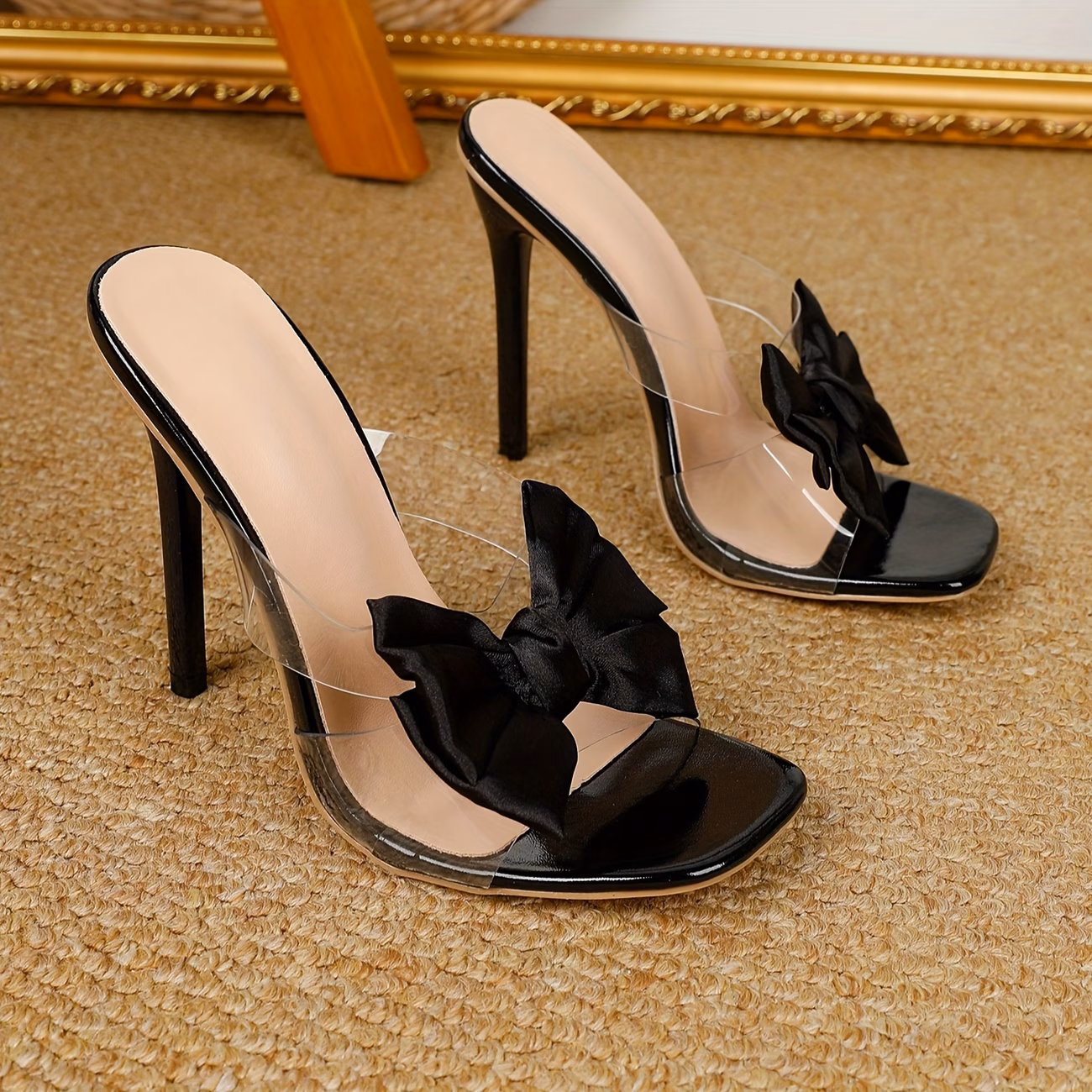 Women's Stiletto Square-Toe Bow Spring Summer Autumn Winter Fashion Party Outdoor Black Sandals, Women Shoes thumbnail 3 (Black) UK 6