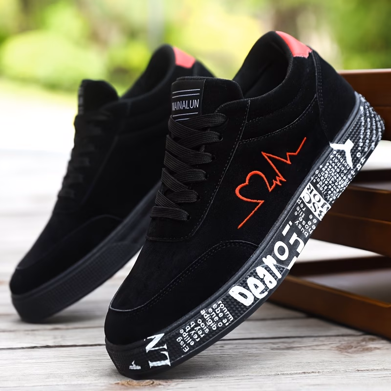 Breathable Mid-Top Sneakers, Heart & Music Graphic Design, Casual Streetwear Shoes for Couples, Valentine's Day & Birthday Gifts (Large Sizes Available), Cute Shoes, Comfort Footwear, Round Toe Design thumbnail 2 (Black) UK 6