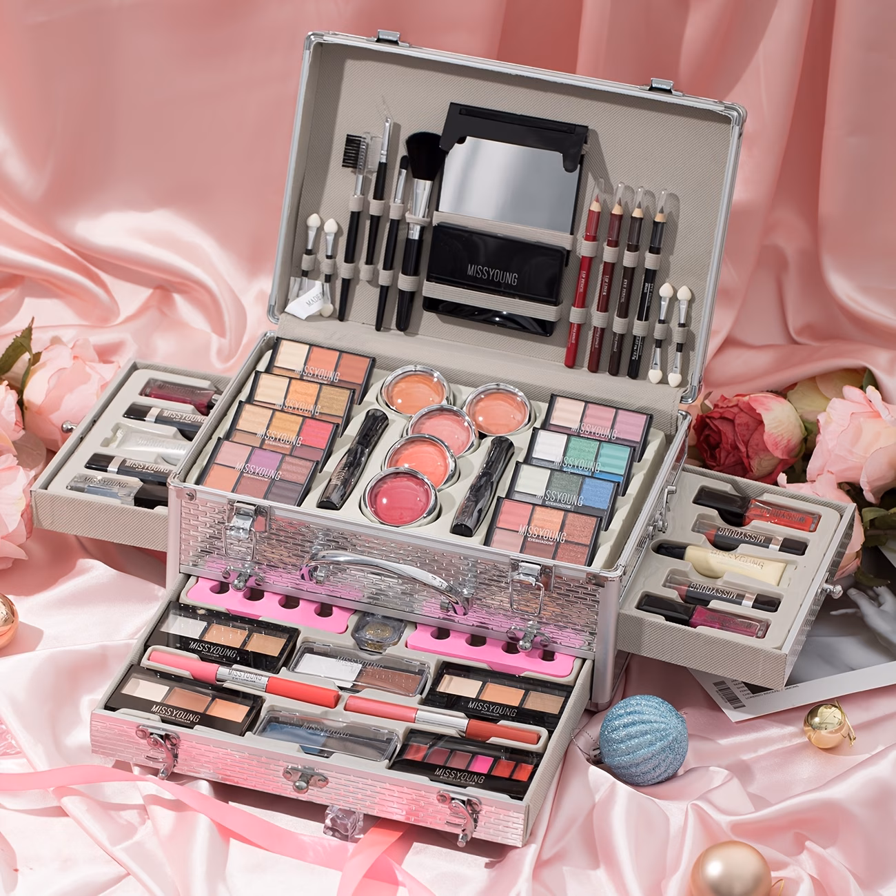 106pcs Complete Luxury Makeup Kit Set with Creamy Cosmetics - Full Face Palette (Eyeshadow, Lip Liner, Blush, Glitter, Brow Pencil) in Berry/Coral Tones & Travel Case - Ideal Gift for Makeup Artists, Beginners, for mom, Girlfriend - All-in-One image 1 106pcs Complete Luxury Makeup Kit Set with Creamy Cosmetics - Full Face Palette (Eyeshadow, Lip Liner, Blush, Glitter, Brow Pencil) in Berry/Coral Tones & Travel Case - Ideal Gift for Makeup Artists, Beginners, for mom, Girlfriend - All-in-One - view 1 (Rose)