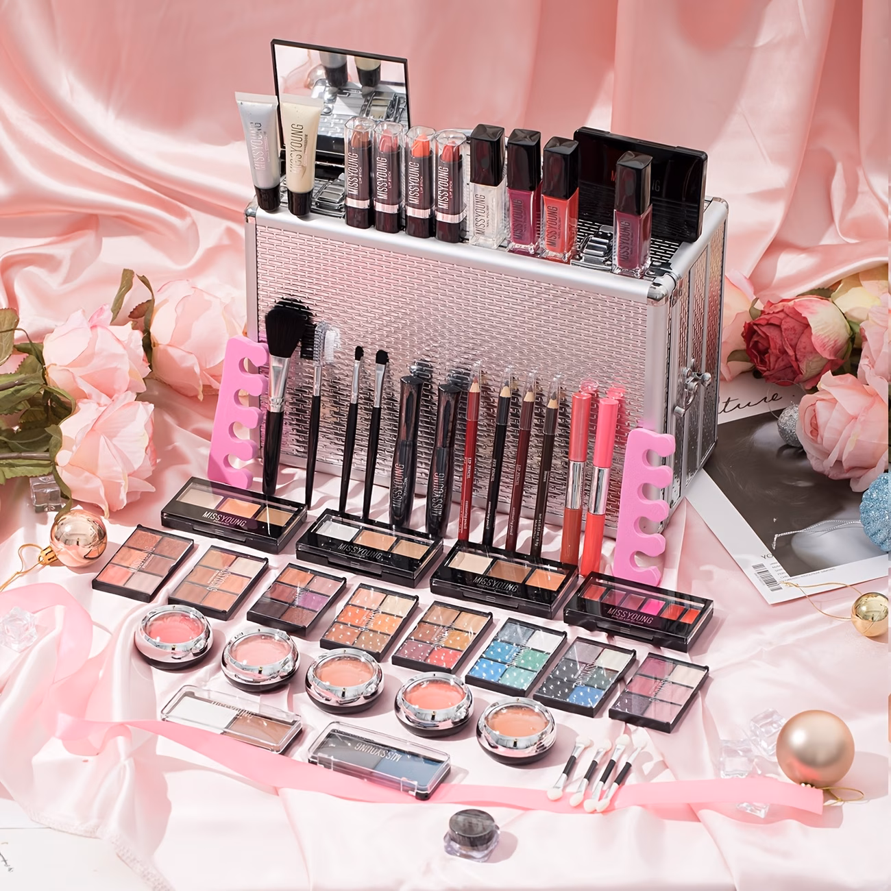 106pcs Complete Luxury Makeup Kit Set with Creamy Cosmetics - Full Face Palette (Eyeshadow, Lip Liner, Blush, Glitter, Brow Pencil) in Berry/Coral Tones & Travel Case - Ideal Gift for Makeup Artists, Beginners, for mom, Girlfriend - All-in-One thumbnail 3 (Rose)