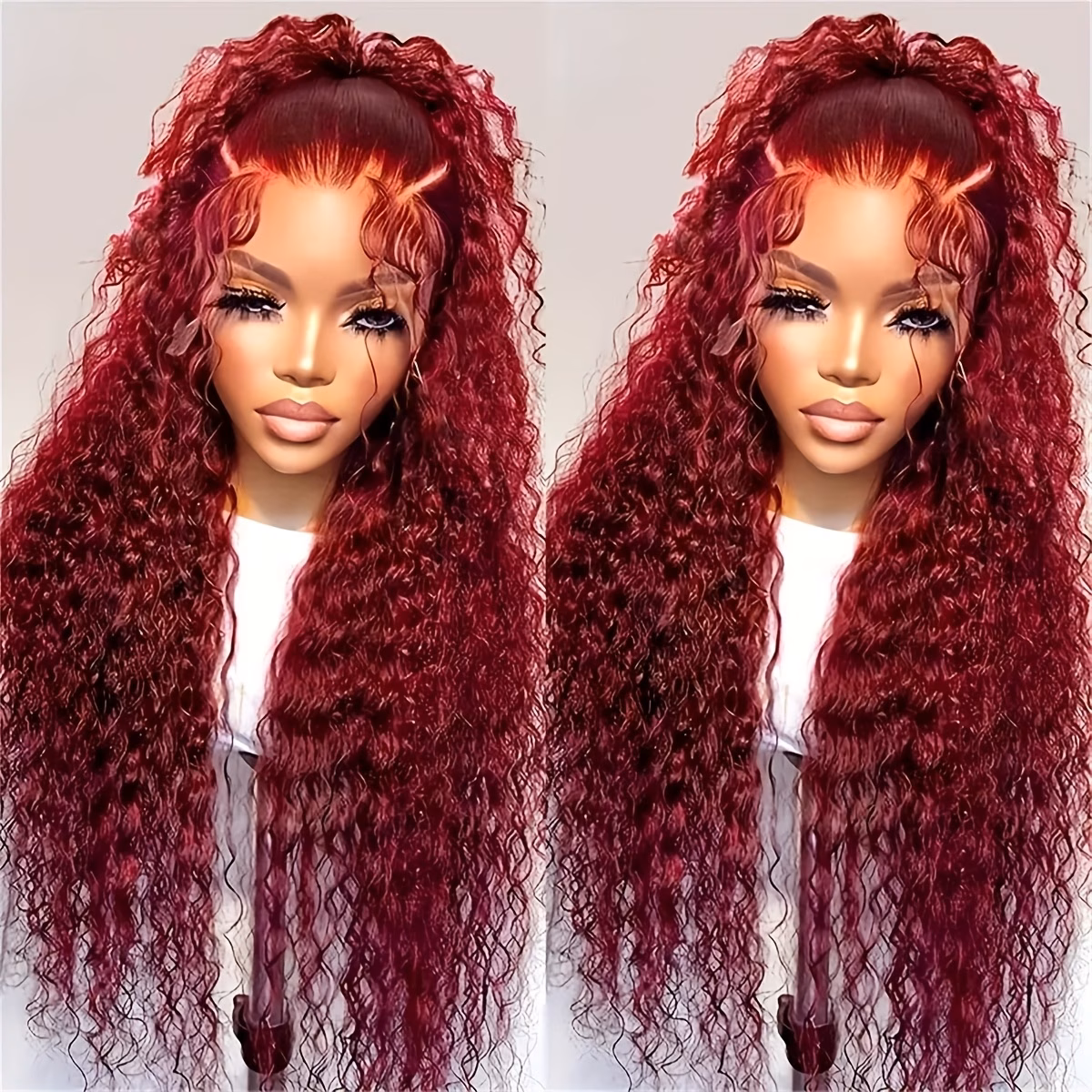 Long Deep Wave Synthetic Lace Front Wigs in Dark Red with And a Pre-Plucked Hairline, Featuring a Burgundy Red Curly Style for Women - view 1 (Rose)