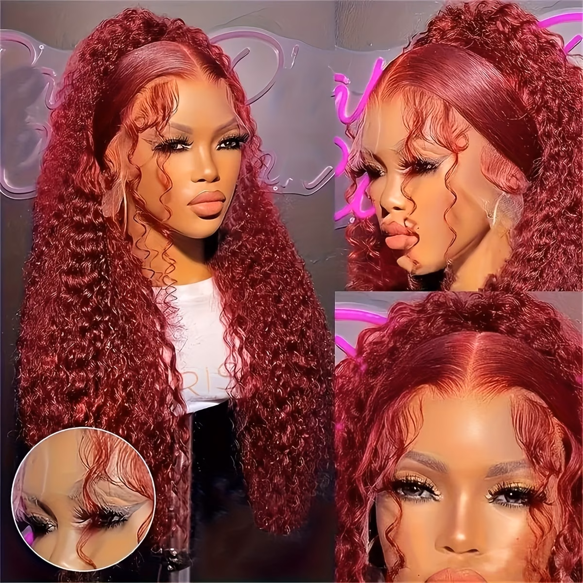 Long Deep Wave Synthetic Lace Front Wigs in Dark Red with And a Pre-Plucked Hairline, Featuring a Burgundy Red Curly Style for Women thumbnail 2 (Rose)