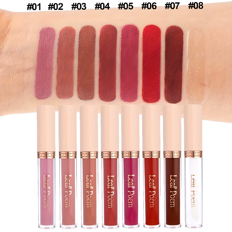 Set of 8 Liquid Matte Lipsticks from Leaf Poem, Featuring a Long-Lasting And Waterproof Formula That Won'T Stick to Cups. Suitable for All Skin Types, This Matte Lip Gloss Includes Plant-Based Squalene And Comes in Various Pink And Red Tones thumbnail 2 (Rose)