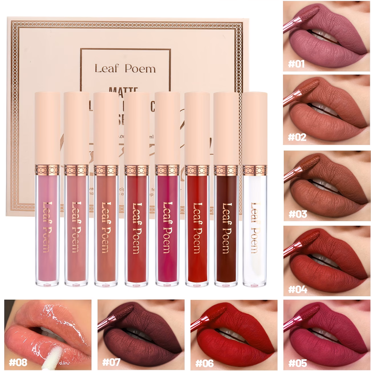 Set of 8 Liquid Matte Lipsticks from Leaf Poem, Featuring a Long-Lasting And Waterproof Formula That Won'T Stick to Cups. Suitable for All Skin Types, This Matte Lip Gloss Includes Plant-Based Squalene And Comes in Various Pink And Red Tones thumbnail 3 (Rose)