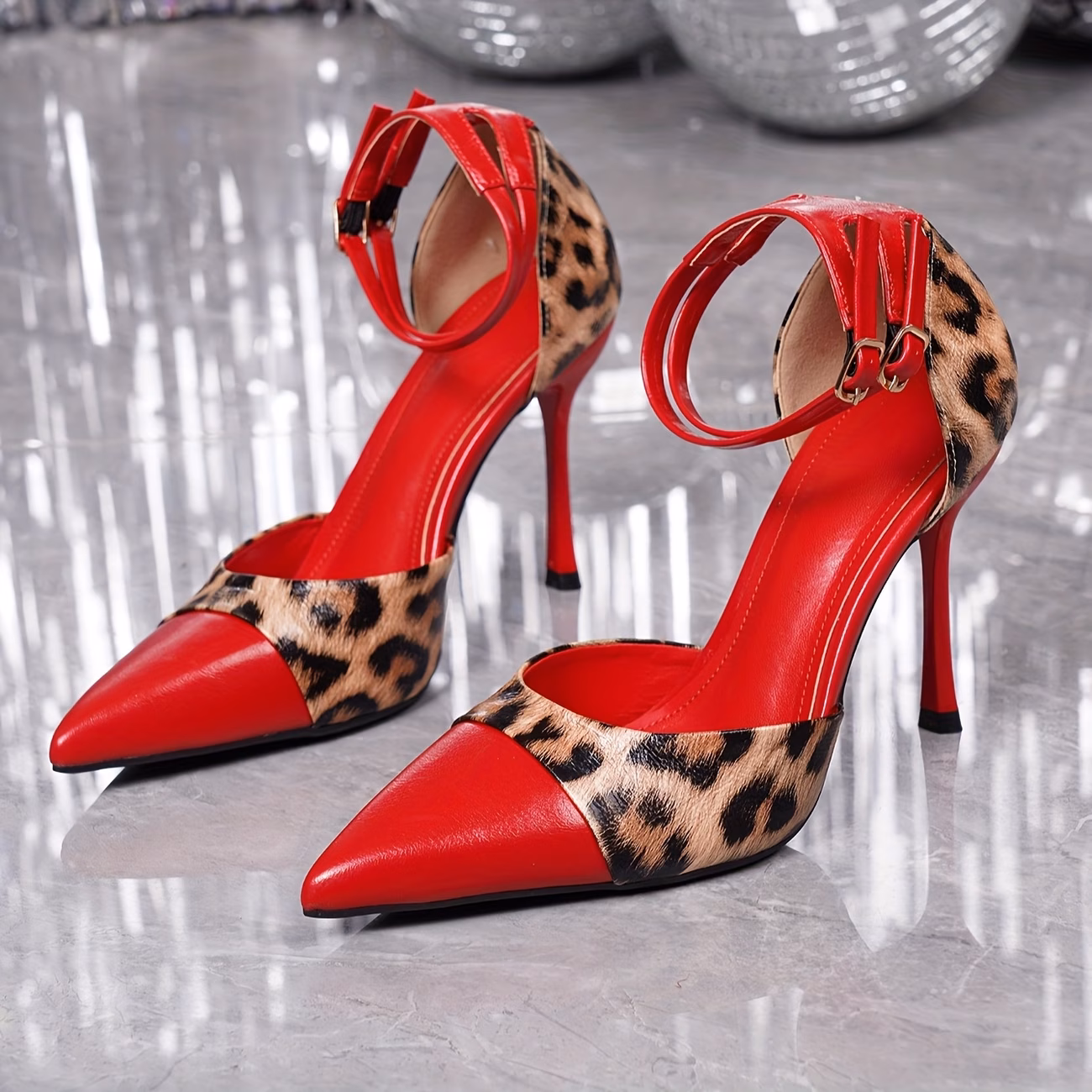 Elegant Women'S Stiletto Heels with Leopard Print, Pointed Toe, Ankle Strap - Stylish High Heels for Parties, Dates, and Formal Events, Faux Cover, All-Season Wear, Formal Footwear | Ankle Strap Heels | TPU Sole, High Heel Shoes thumbnail 2 (Black) UK 6