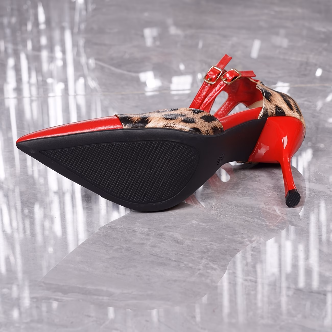 Elegant Women'S Stiletto Heels with Leopard Print, Pointed Toe, Ankle Strap - Stylish High Heels for Parties, Dates, and Formal Events, Faux Cover, All-Season Wear, Formal Footwear | Ankle Strap Heels | TPU Sole, High Heel Shoes thumbnail 3 (Black) UK 6