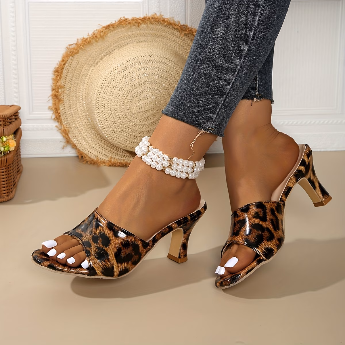 2026 Round Toe Leopard Pattern Block Heel Party Style Casual Women'S High-Heeled Sandals, Women Shoes thumbnail 2 (Black) UK 6
