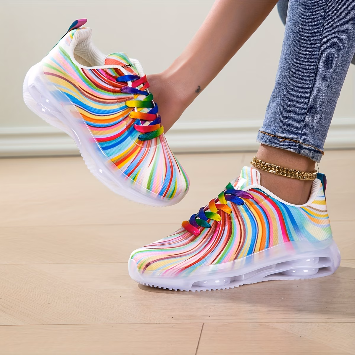 Affordable Women's Casual Sneakers with Rainbow Stripes, Stylish Women's Shoes. Platform Sneakers, Cute Travel Gift, Light-colored Sneakers Perfect for Beach Leisure and Vacations, Women Shoes - view 1 (Black) UK 6