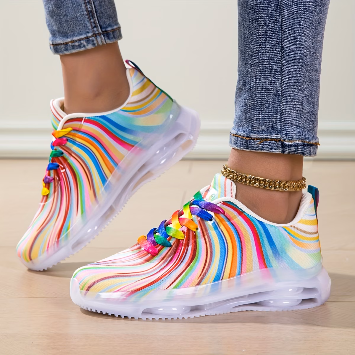 Affordable Women's Casual Sneakers with Rainbow Stripes, Stylish Women's Shoes. Platform Sneakers, Cute Travel Gift, Light-colored Sneakers Perfect for Beach Leisure and Vacations, Women Shoes thumbnail 2 (Black) UK 6