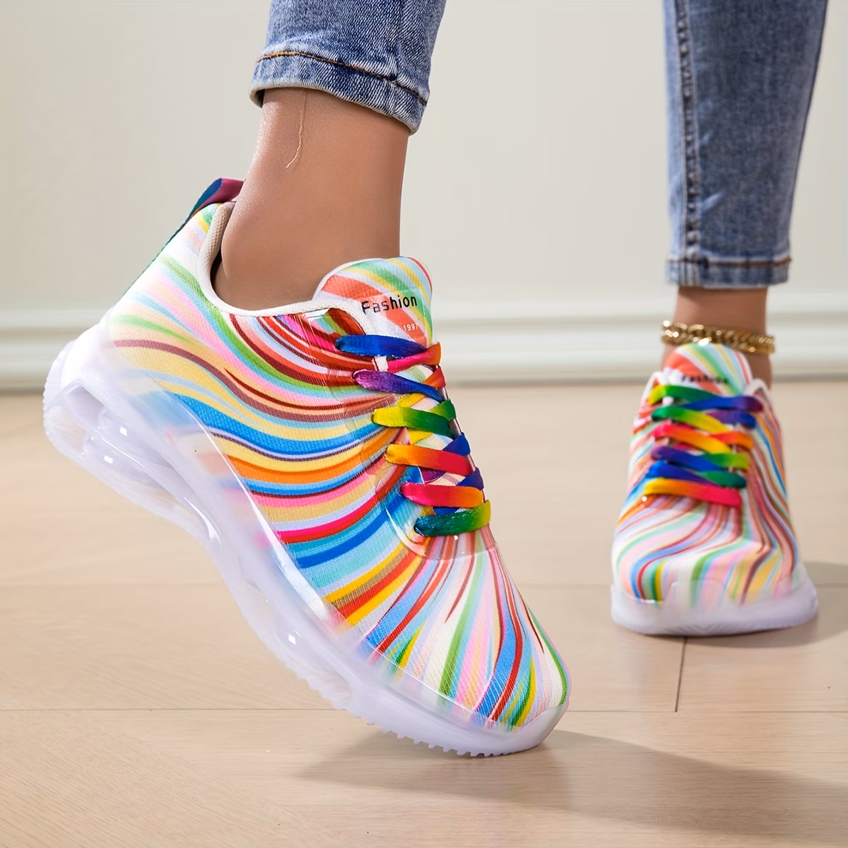 Affordable Women's Casual Sneakers with Rainbow Stripes, Stylish Women's Shoes. Platform Sneakers, Cute Travel Gift, Light-colored Sneakers Perfect for Beach Leisure and Vacations, Women Shoes thumbnail 3 (Black) UK 6