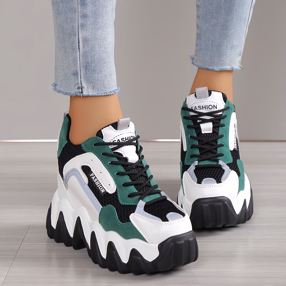 Women'S Stylish Athletic Shoes with Thick Soles, Hidden Height Increase, Breathable Mesh, Lace-Up Casual Shoes in Color Block Design, Round Toe, Lightweight for All Seasons., Women Shoes, Sneakers - view 1 (Black) UK 6