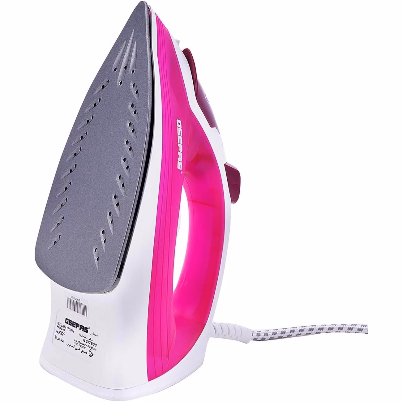 Geepas Pink 1300W Steam Iron with Non-Stick Soleplate, Adjustable Temperature & Vertical Steam - view 1 (Silver)