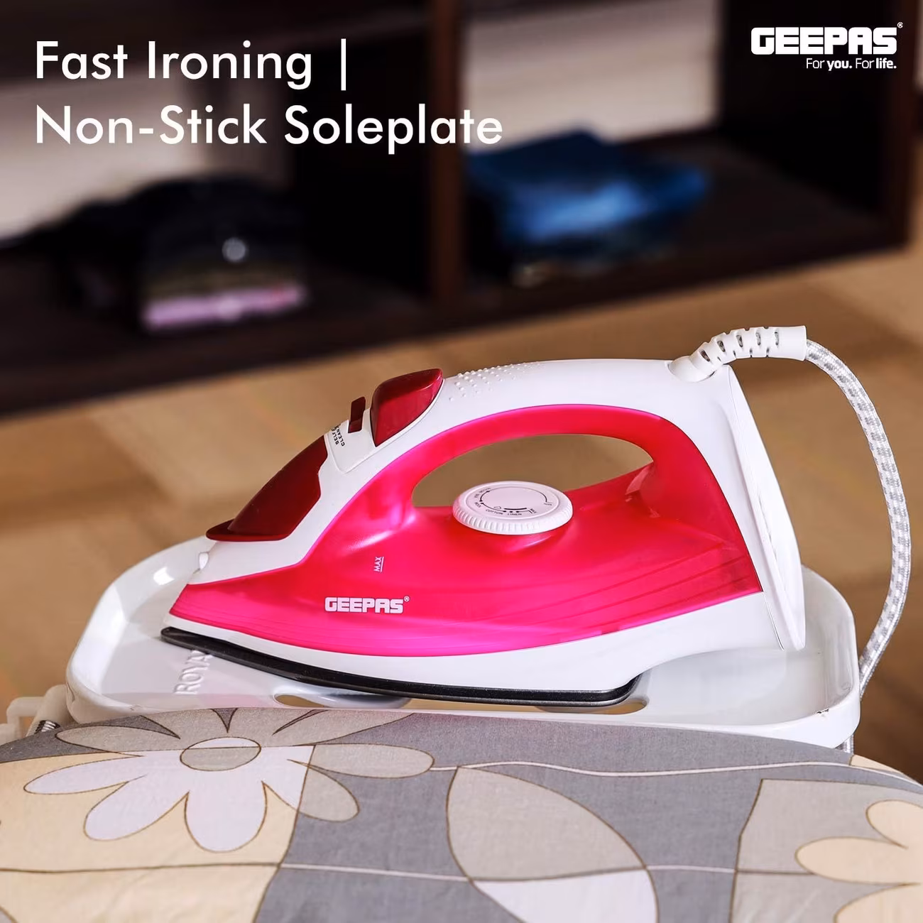 Geepas Pink 1300W Steam Iron with Non-Stick Soleplate, Adjustable Temperature & Vertical Steam thumbnail 2 (Silver)