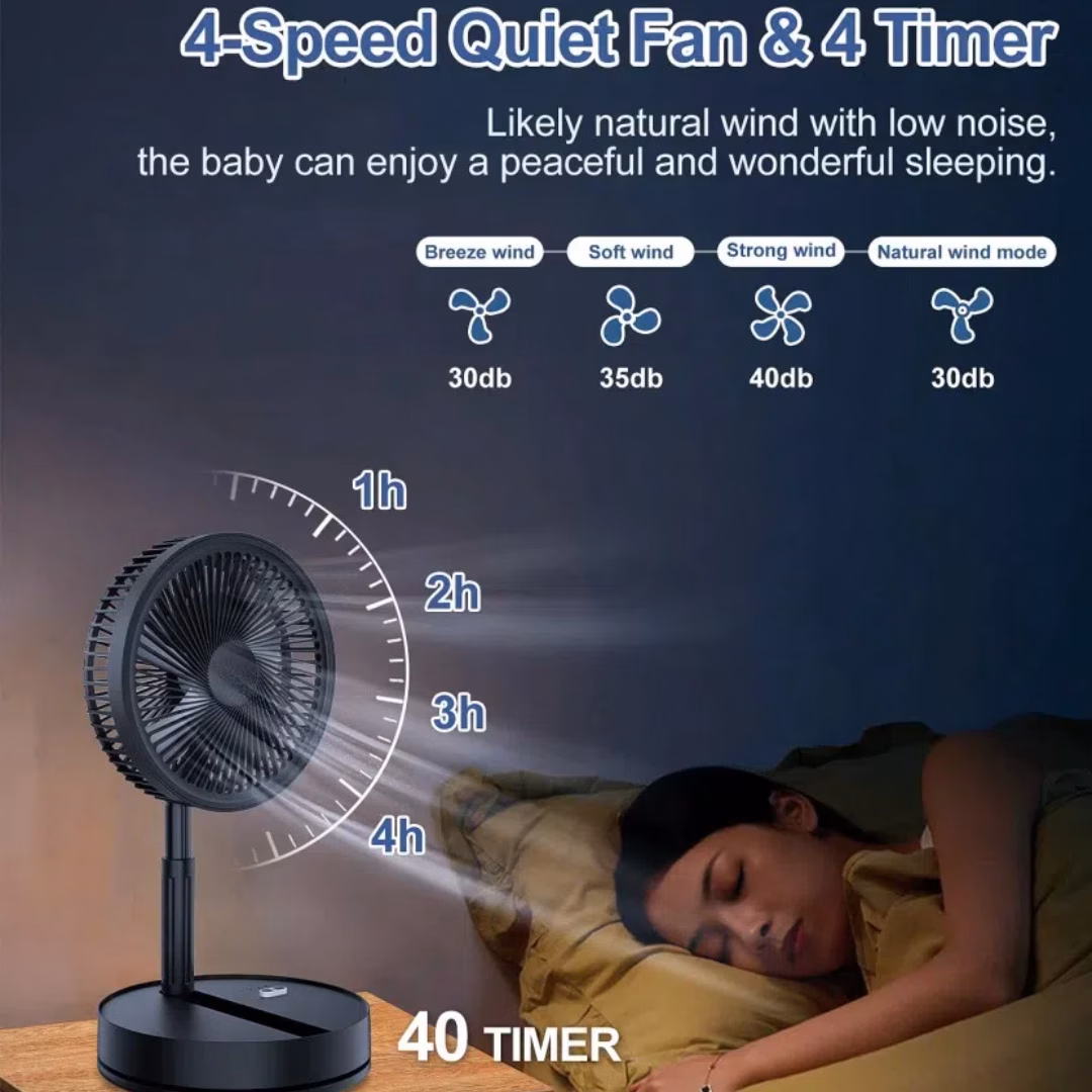 Portable Standing Fan with Remote Control, Height Adjustable 15.75–41.75 in, Foldable Pedestal Fan, 8000mAh Rechargeable Battery USB Powered Floor Fan, 4 Speeds, Quiet, for Bedroom, Camping & Desk Use thumbnail 2 (Silver)