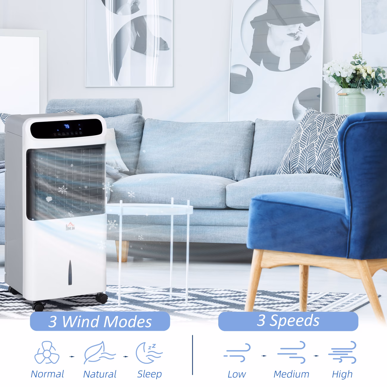 Mobile Air Cooler, 12L Tank Evaporative Ice Cooling Fan Water Conditioner Humidifier Unit with 3 Modes, 3 Speed, Remote, Timer, Oscillating for Home Bedroom thumbnail 2 (Silver)