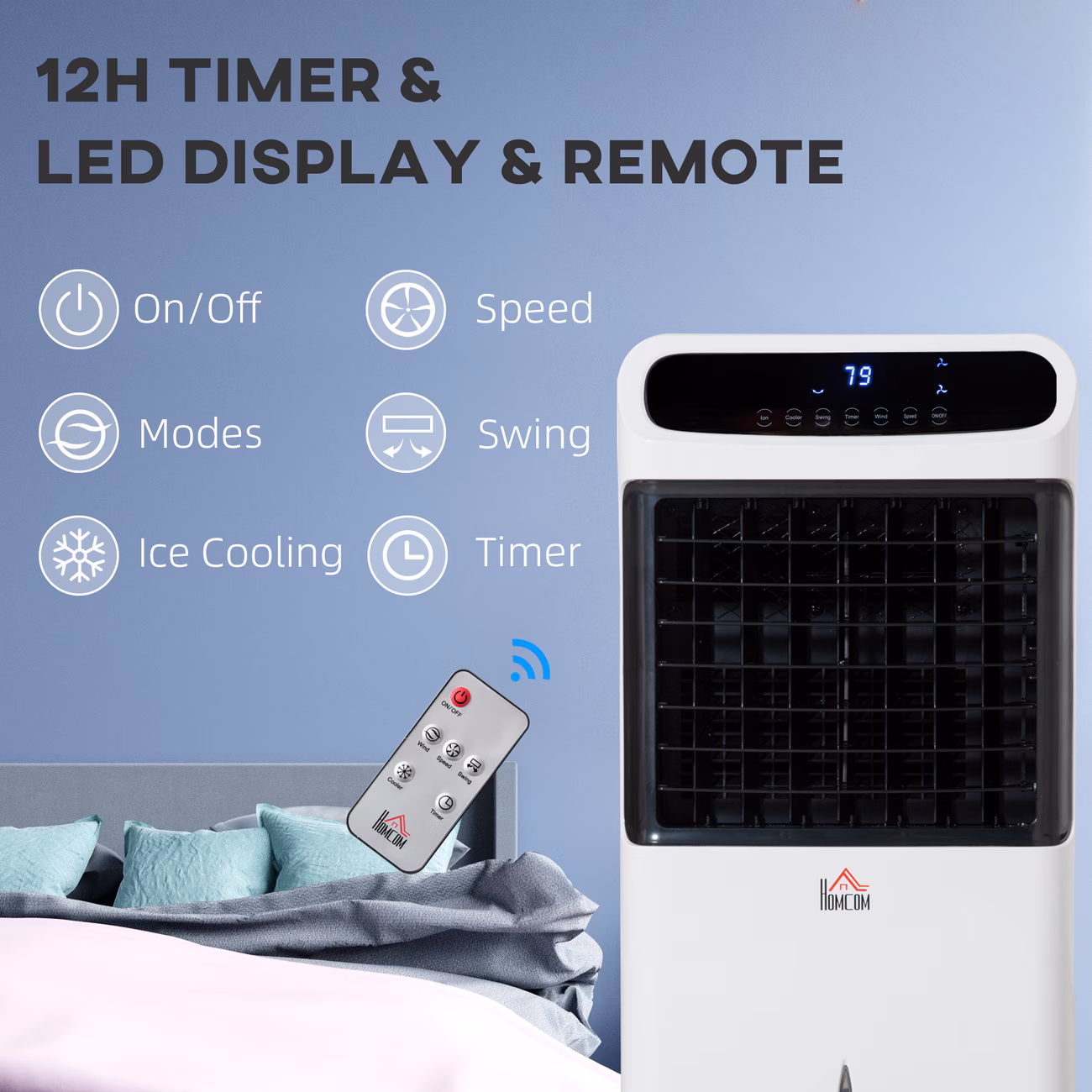Mobile Air Cooler, 12L Tank Evaporative Ice Cooling Fan Water Conditioner Humidifier Unit with 3 Modes, 3 Speed, Remote, Timer, Oscillating for Home Bedroom thumbnail 3 (Silver)