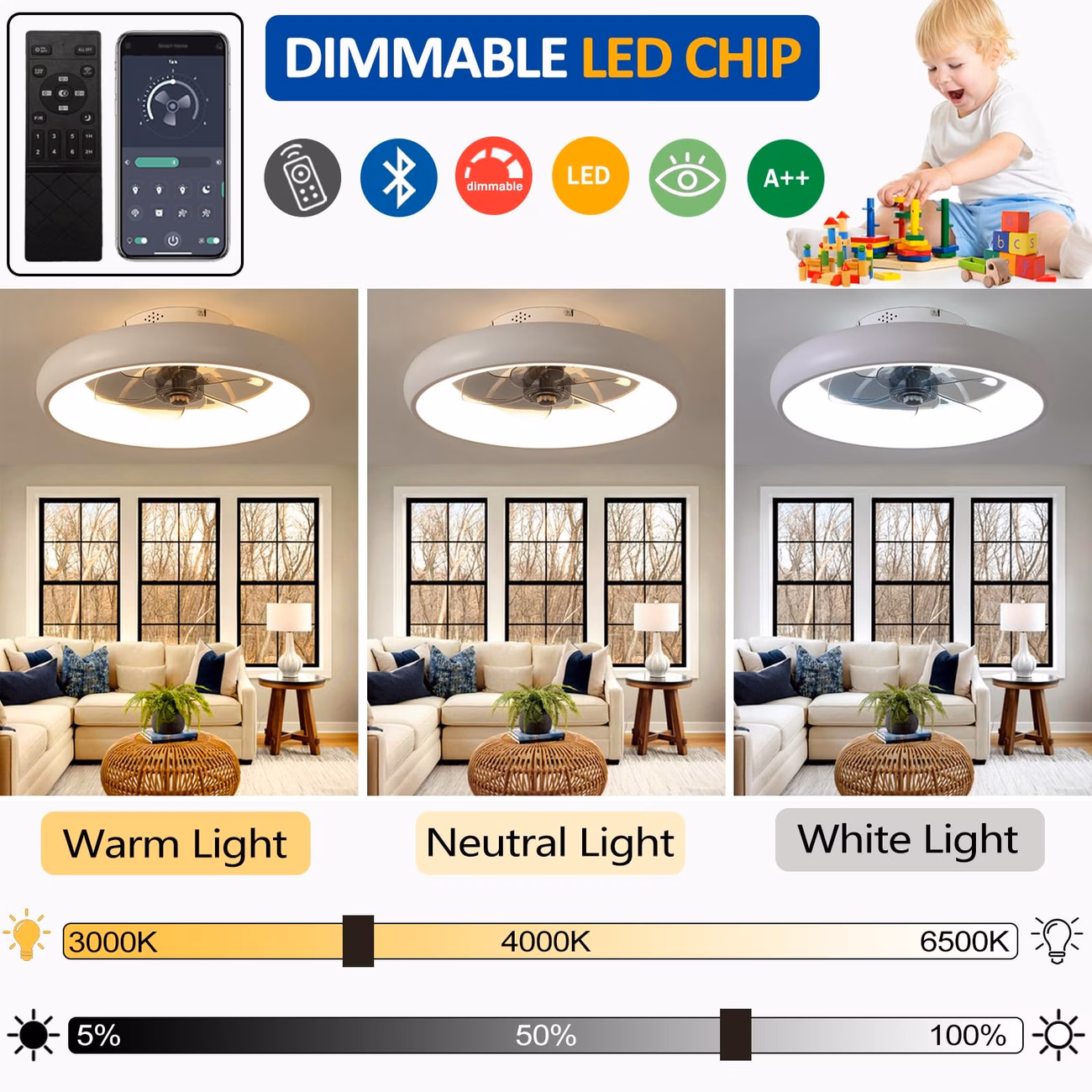 Ceiling Fan with Light Remote Control 48cm 36W LED 6-Speed Dimmable Reversible - White 48CM thumbnail 3 (Silver)
