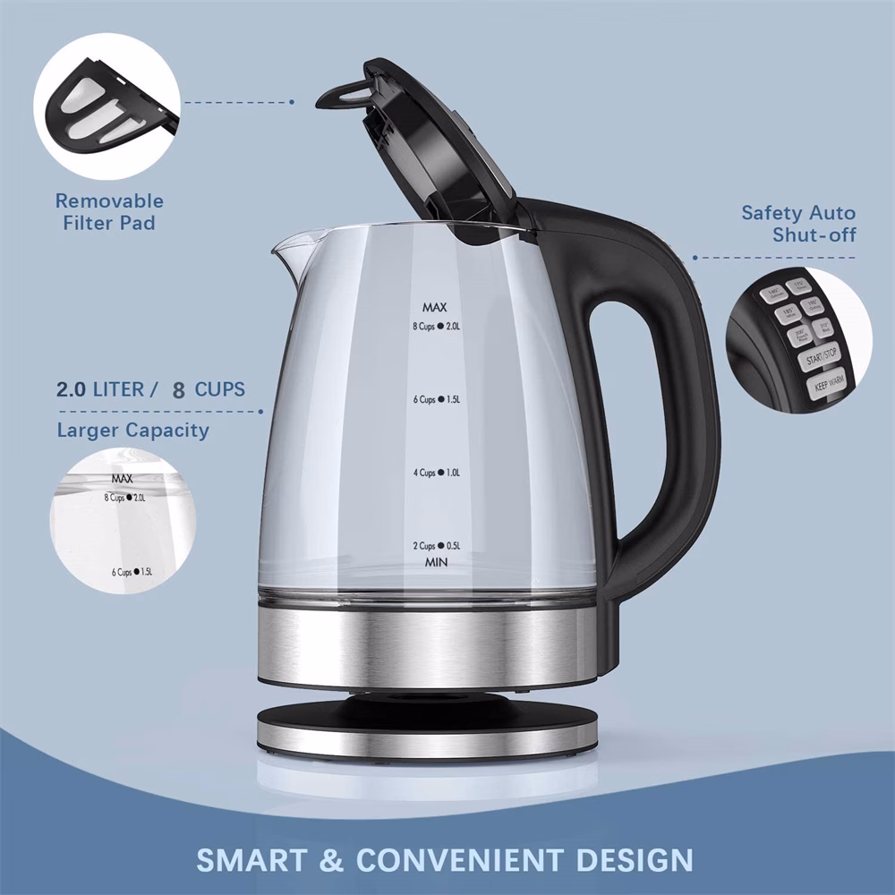 DEVISIB Electric Glass Kettle, 2200W Fast Boiling, 2.0L, Temperature Control, 4-Hour Keep Warm, Auto Shut-Off & Boil-Dry Protection, Matte Black, British Plug, Ideal for Coffee, Tea & Hot Water, Safe and Efficient Water Heater & Teapot, 220V-240V thumbnail 2 (Silver)