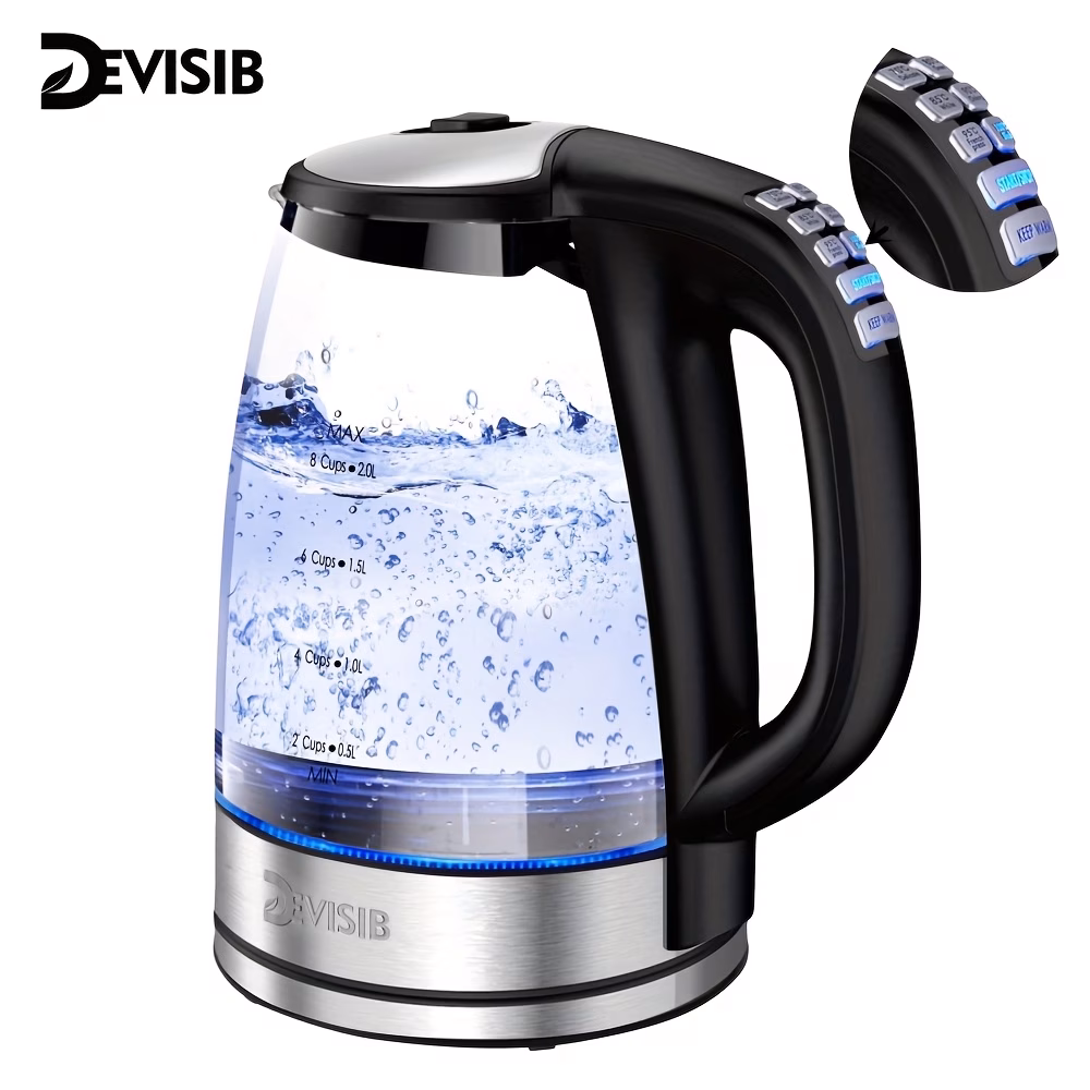 DEVISIB Electric Glass Kettle, 2200W Fast Boiling, 2.0L, Temperature Control, 4-Hour Keep Warm, Auto Shut-Off & Boil-Dry Protection, Matte Black, British Plug, Ideal for Coffee, Tea & Hot Water, Safe and Efficient Water Heater & Teapot, 220V-240V thumbnail 3 (Silver)
