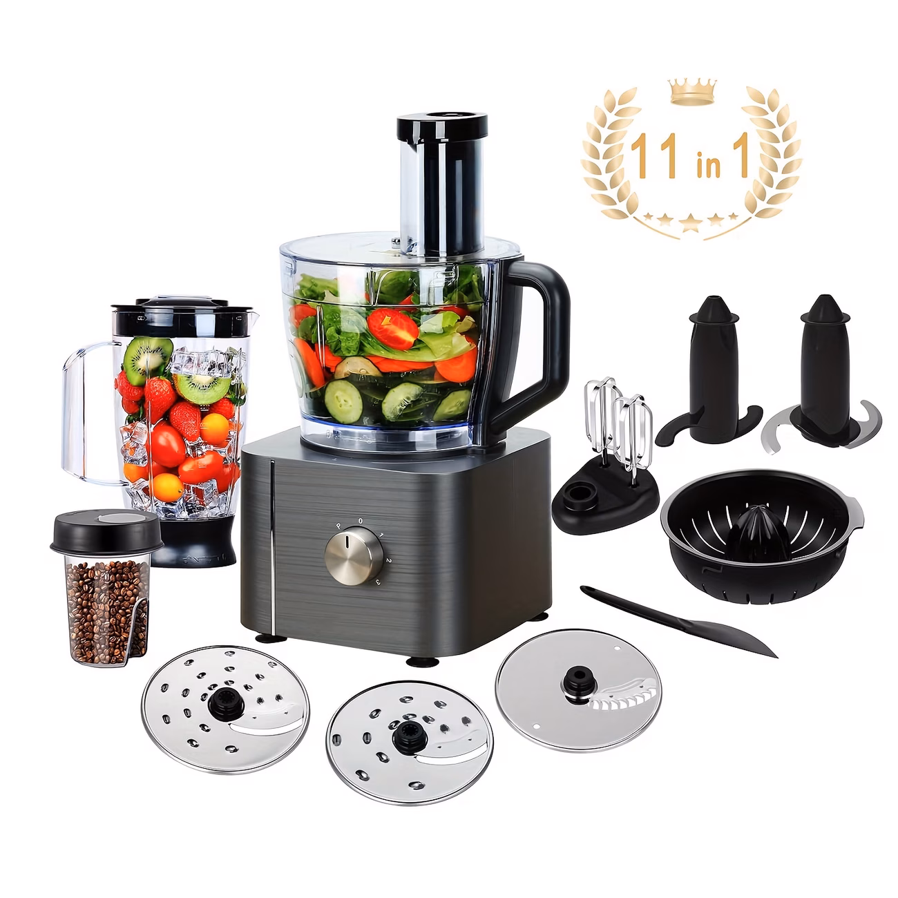 Food Processor 11-in-1 With Chopping Blending Kneading Grinding Whisking Juicing, 1100W, 3 Speeds Plus Pulse, 3.2 L Bowl And 1.5L Jug Blender, Dark Gray - view 1 (Silver)