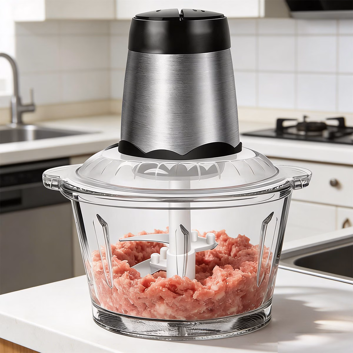 Electric Multi Blender Mixer Food Processor Vegetable Chopper Meat Blender Food Grinder for Kitchen,2 Speeds, 4 bi-Level Blades thumbnail 2 (Silver)