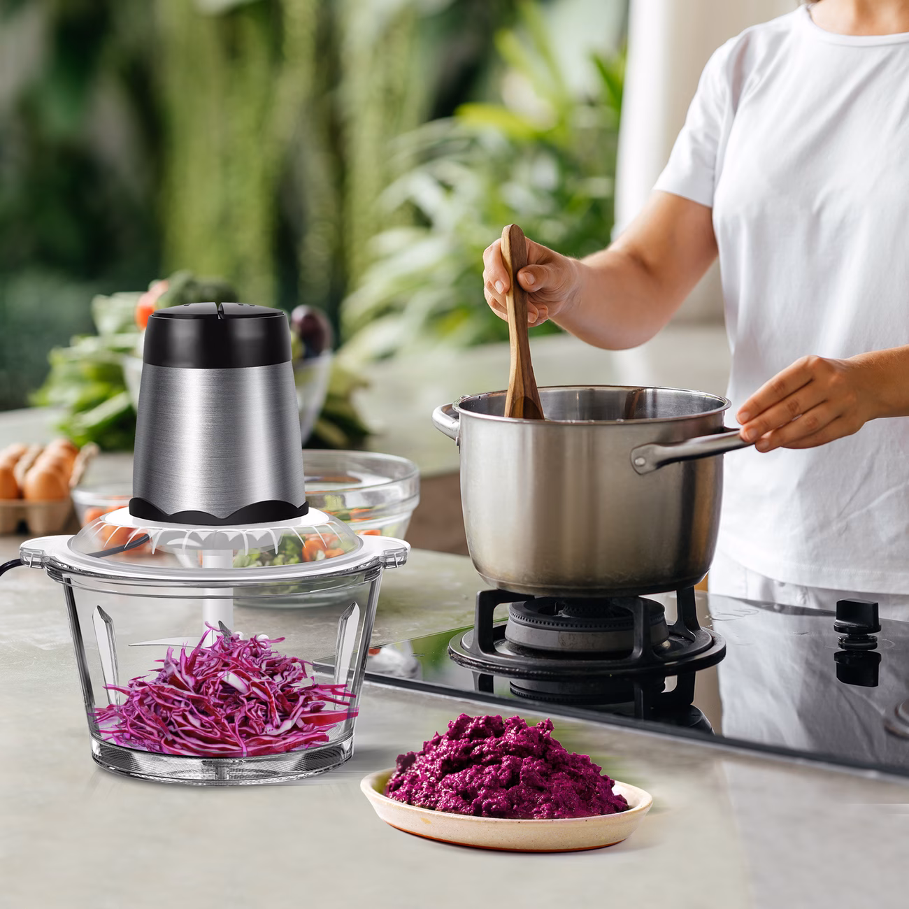 Electric Multi Blender Mixer Food Processor Vegetable Chopper Meat Blender Food Grinder for Kitchen,2 Speeds, 4 bi-Level Blades thumbnail 3 (Silver)