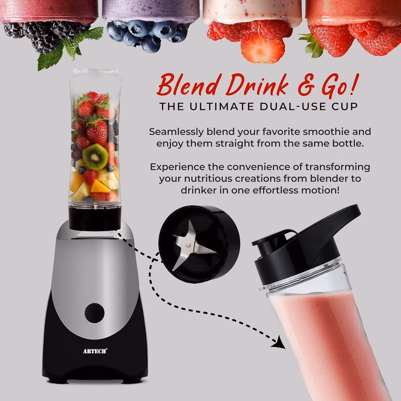 Trendi Personal Blender 300W – Portable Smoothie Maker with 2×600ml Bottles | One-Touch Mini Blender for Shakes, Juices & Protein | Compact Travel Design with Stainless Steel Blades thumbnail 3 (Silver)